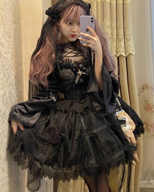 Gothic Lolita Rose Cage Cla Elegant Relief Mesh Dresses Lace Sleeveless Black Lolita Jumper Skirt