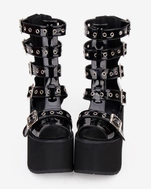 Gothic Lolita Sandal Boots Grommet Metallic Buckle Platform Black Lolita Footwear