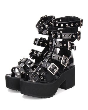Gothic Lolita Sandal Grommet Buckle Platform Chunky Heel Black Lolita Shoes