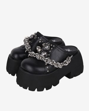 Gothic Lolita Sandals Grommets Round Toe Metallic PU Leather Black Lolita Summer Shoes