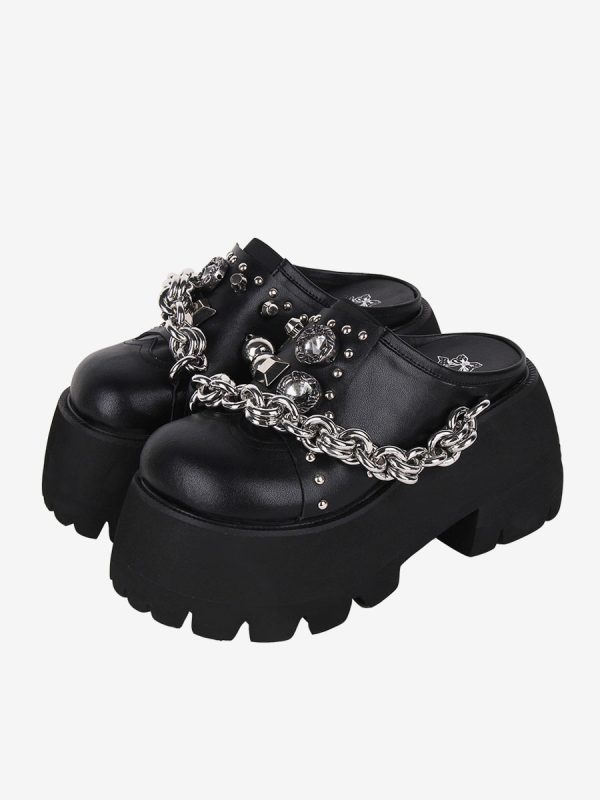 Gothic Lolita Sandals Grommets Round Toe Metallic PU Leather Black Lolita Summer Shoes