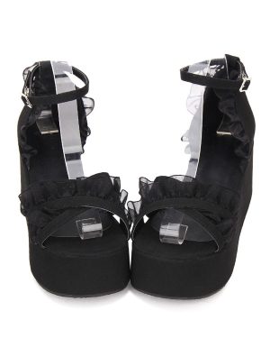 Gothic Lolita Sandals Ruffle Ankle Strap Platform Wedge Heel Black Lolita Shoes