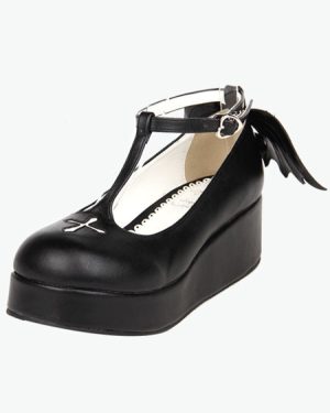 Gothic Lolita Shoes Black Platform Crux T-Strap Lolita Shoes With Evil Wing