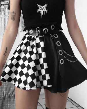 Gothic Skirt For Women Black Chains Grommets Hip Hop Polyester Plaid Pattern Mini Skirt