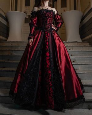 Gothic Wedding Dresses A-Line Long Sleeves Backless Lace With Train Burgundy Bridal Gown