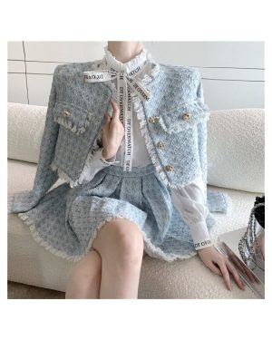 Gothiscyn Winter Women Short Skirt Sets Shirt Coat Tops Pleated Skirts Small Fragrant Three Piece Set Women Outfit
