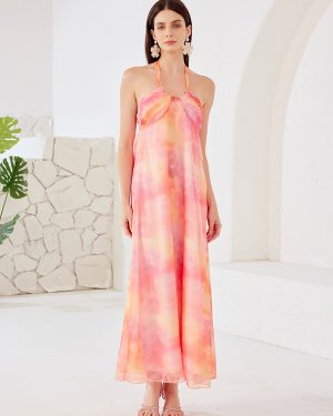 Gradient Color Shift Dress Halter Neck Summer Beach Long Dress For Women 2025