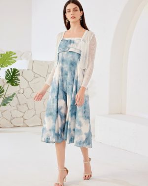 Gradient Suspender Midi Dress With Knitted Cardigan For Women 2025