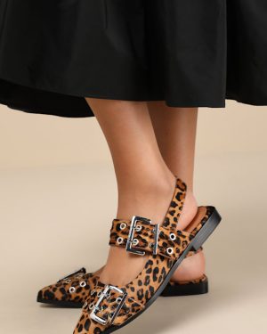 Graya Leopard Calf Hair Studded Buckle Slingback Flats