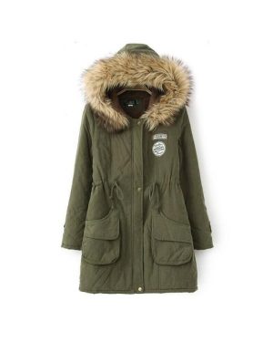 (Green, 2XL) Women Warm Fur Collar Long Coat Hooded Jacket Slim Winter Parka Outwear