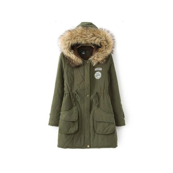 (Green, 2XL) Women Warm Fur Collar Long Coat Hooded Jacket Slim Winter Parka Outwear