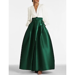 Green A-Line Evening Gown High Split Dress Formal Wedding Guest Floor Length Long Sleeve V Neck Belt / Sash Satin with Pleats Slit 2025