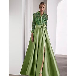 Green Blue Embroidered A-Line Evening Gown Elegant Dress Formal Wedding Guest Floor Length Long Sleeve Shirt Collar Satin with Glitter Slit 2025