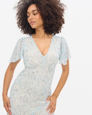 Green Blue Floral Print Semi-Sheer Midi Tea Dress