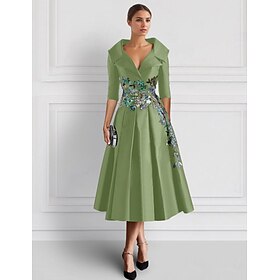 Green Embroidered A-Line Cocktail Formal Dress Elegant High Split Shirt Collar Ankle Length Satin 3/4 Length Sleeve with 2025