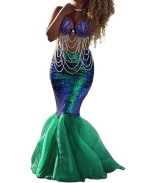 (Green, L = UK/AU 12 = EU 38) Womens Lady Mermaid Tail Full Skirt Adult Cosplay Costume Party Maxi Fancy Dress