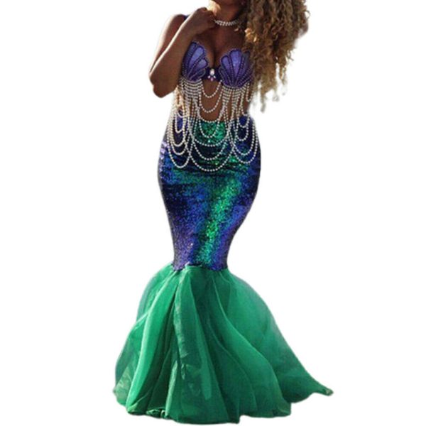 (Green, L = UK/AU 12 = EU 38) Womens Lady Mermaid Tail Full Skirt Adult Cosplay Costume Party Maxi Fancy Dress