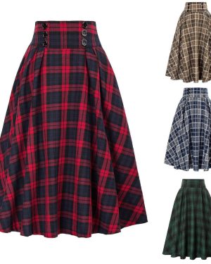 (Green, M) Womens Plaid Wool Skirts Elastic Waist A-line Pleated Tartan Long Skirts