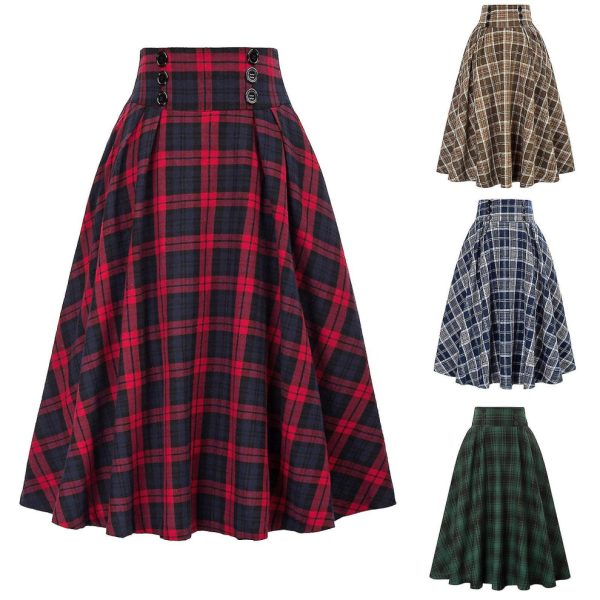 (Green, M) Womens Plaid Wool Skirts Elastic Waist A-line Pleated Tartan Long Skirts