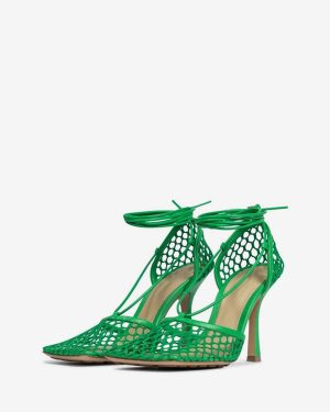 Green Mesh Heels Lace Up Stiletto Heel Sandals Square Toe