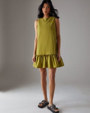 Green WAREHOUSE Linen Blend Sleeveless Peplum Hem Mini Dress