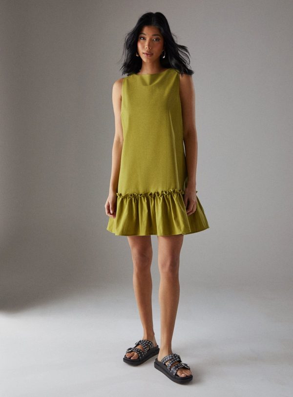 Green WAREHOUSE Linen Blend Sleeveless Peplum Hem Mini Dress