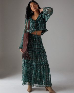 Green WAREHOUSE Metallic Chiffon Tier Maxi Skirt