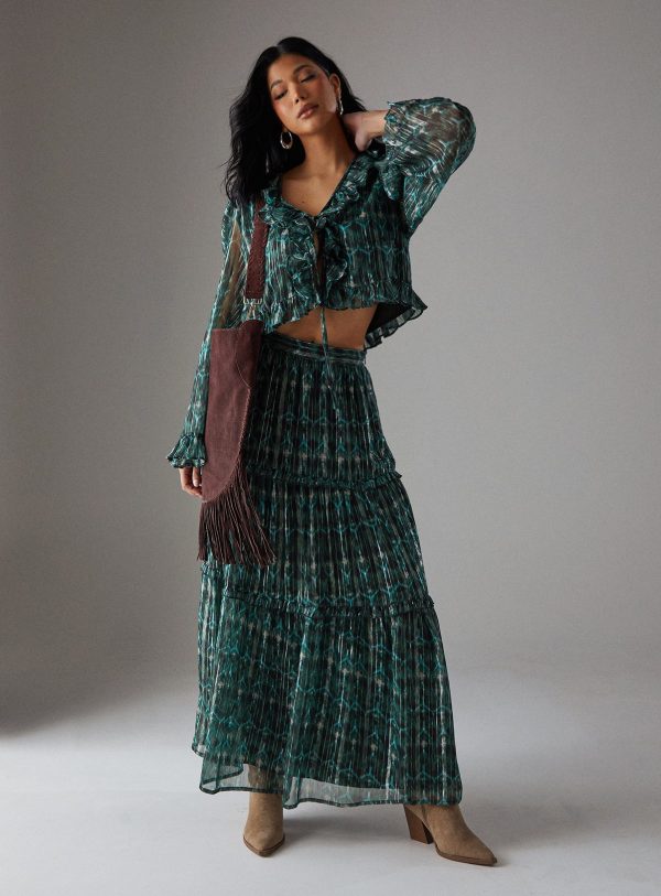 Green WAREHOUSE Metallic Chiffon Tier Maxi Skirt