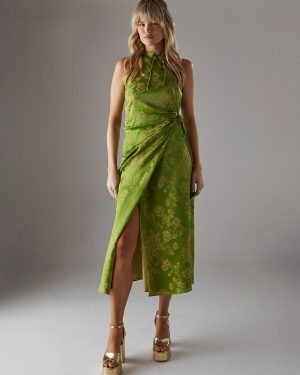 Green WAREHOUSE Satin Jacquard Tie Racer Wrap Midi Dress