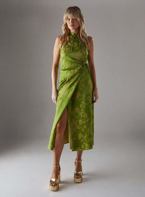 Green WAREHOUSE Satin Jacquard Tie Racer Wrap Midi Dress
