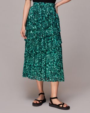 Green Watercolour Tiered Midi Skirt