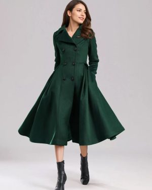 Green Woolen Flared Coat Double-breasted Wide Lapel Winter A-line Midi Outerwear 2025