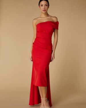 Greer Off Shoulder Midi Dress with Drape Detail, UK 18 / US 14 / EU 46 / Red