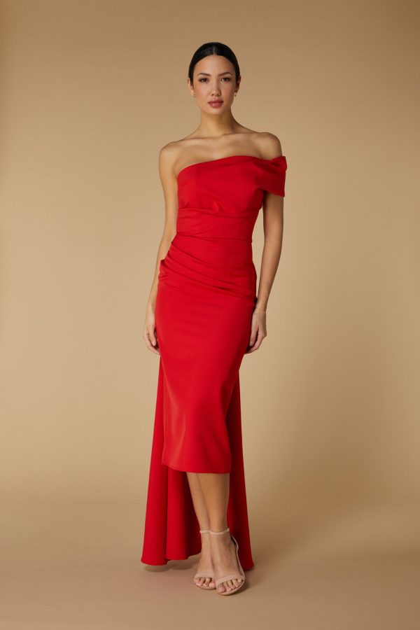 Greer Off Shoulder Midi Dress with Drape Detail, UK 18 / US 14 / EU 46 / Red