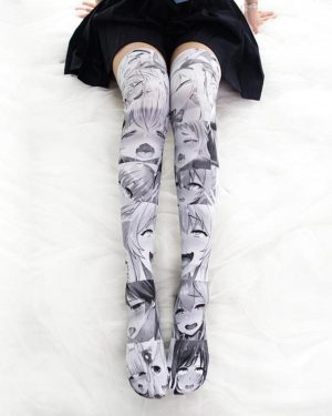 (Grey) 3D Printed Anime Ahegao Sexy Cartoon Cosplay Knee High Socks Lolita Japanese Cartoon Long Stockings Tight High Socks 65cm
