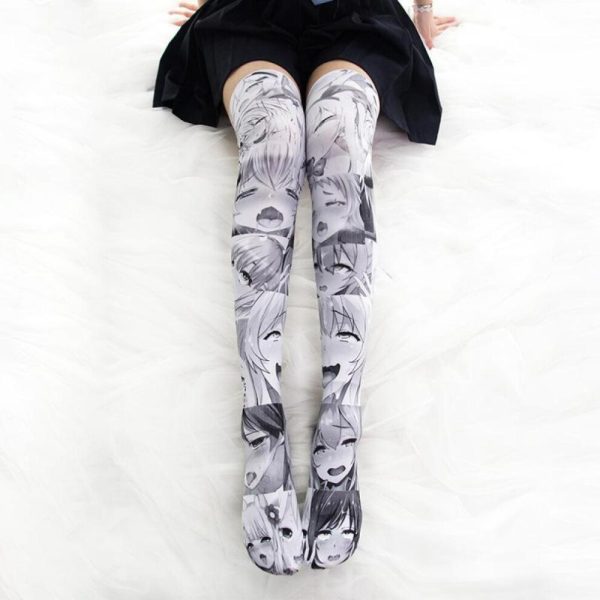 (Grey) 3D Printed Anime Ahegao Sexy Cartoon Cosplay Knee High Socks Lolita Japanese Cartoon Long Stockings Tight High Socks 65cm
