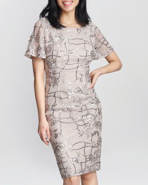 Grey Claire Embroidered Shift Evening Dress