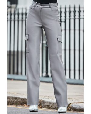 Grey Faux Leather Cargo Trousers