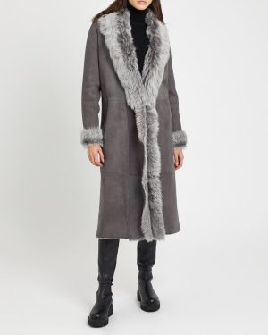 Grey Longline 3/4 Shearling Coat