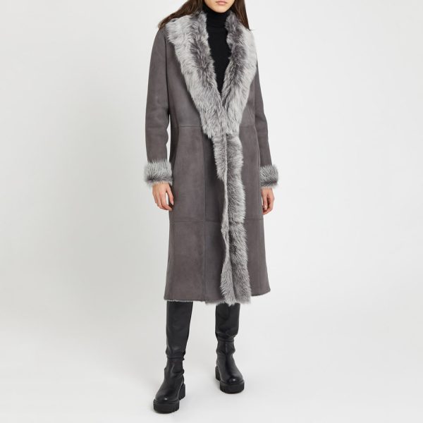 Grey Longline 3/4 Shearling Coat