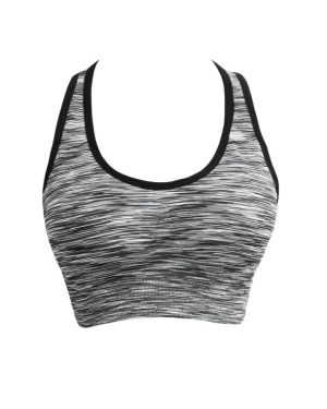 (Grey, M) Women Fitness Yoga Sports Bra Contrast Padded Wire Free Seamless Push Up Running Gym Racerback Vest Top