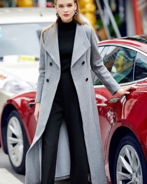 Grey Wool Blend Coat Large Lapel classic Double-breasted Winter Midi Outerwear For Women 2025