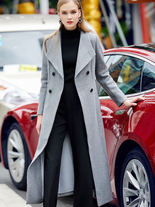 Grey Wool Blend Coat Large Lapel classic Double-breasted Winter Midi Outerwear For Women 2025