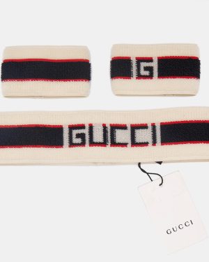 Gucci Beige Logo Stripe Sports Headband & Wristbands Set M