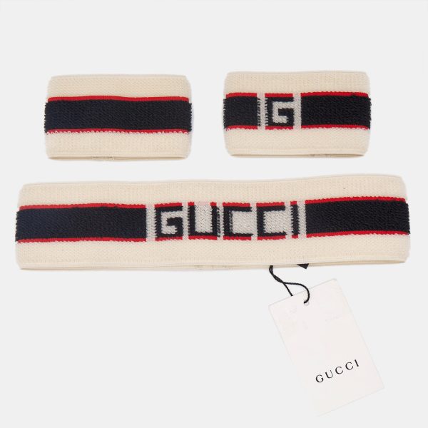 Gucci Beige Logo Stripe Sports Headband & Wristbands Set M