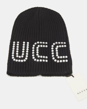 Gucci Black Crystal Guccy Detail Rib Knit Beanie M