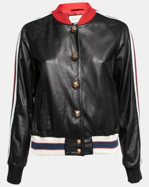 Gucci Black Leather Hollywood Embroidered Bomber Jacket M