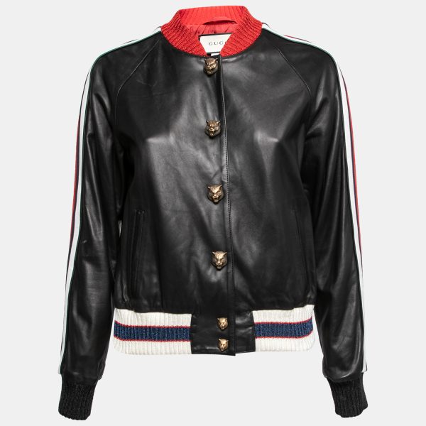 Gucci Black Leather Hollywood Embroidered Bomber Jacket M