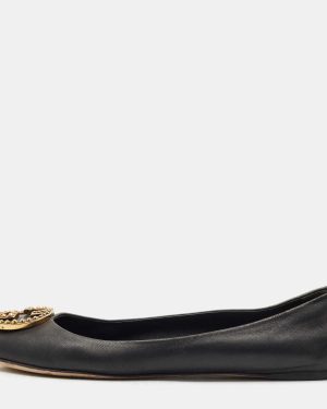 Gucci Black Leather Interlocking G Spike Ballet Flats Size 37.5