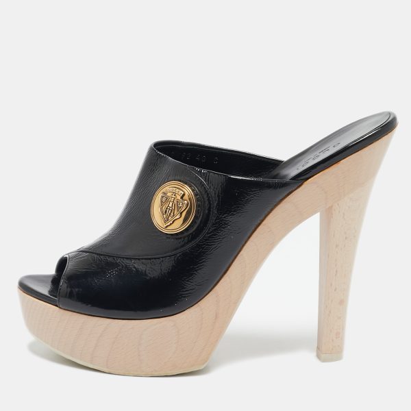 Gucci Black Patent Leather Hysteria Platform Clogs Size 40